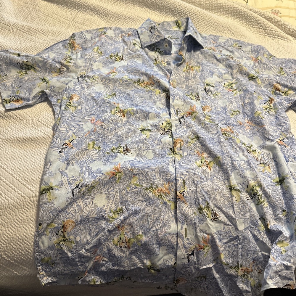 Alan Flusser Shirt Mens 2XL Paisley Print Short Sleeve Button Front Blue Yellow